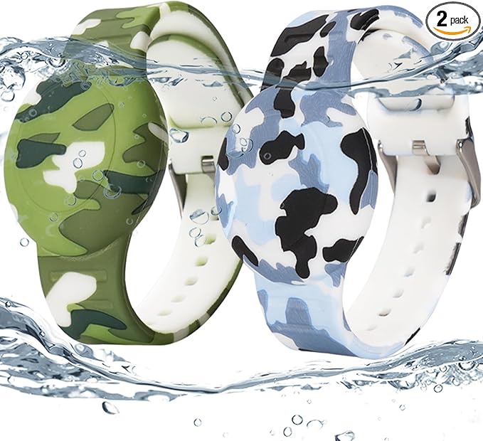 2 Pack Waterproof AirTag Bracelet for Kids, Hidden Printed Wristband for Apple Air Tag, Silicone AirTag Holder GPS Tracker Case for Band for Child Toddler, Secure Anti-Lost Protection(Camouflage)