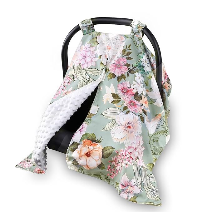 Car Seat Cover Baby, Flroal Infant Car Seat Canopy Covers for Newborn Girls Boys, Soft Breathable Minky Carseat Covers Stretchy Multi-Use Nursing Cover for Stroller Baby Car Seat, Green Leaf