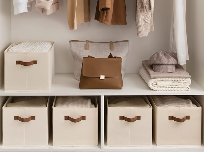 StorageWorks Storage Baskets for Shelves, Foldable Fabric Closet Storage Bins with PU Handles, Fabric Storage Bins Clothes Organizer, Ivory White, 3-Pack, Extra Large