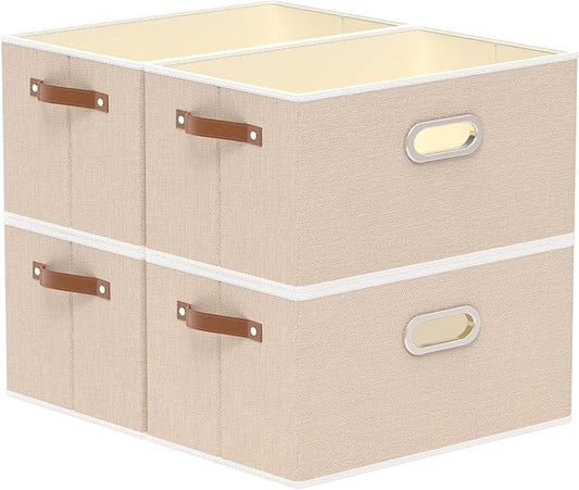 Yawinhe Collapsible Storage Box, Cube Storage Basket, Fabric Foldable Storage Bins Organizer Containers with Dual Leather Handles for Home Bedroom Closet Office,15.0 x 9.8 x 8.3 Inch, (Beige, 4-Pack)