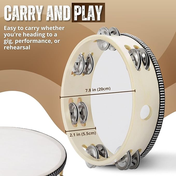 Flexzion Wood Handheld Tambourine for Adults 8-Inch Double Row 8-Pair Jingles (Wood) - Percussion Round Tamborines Musical Instrument with Metal Zills