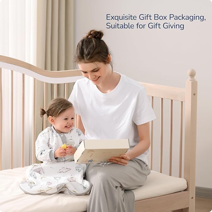 Baby Sleep Sack 3-6 Months, Cotton Detachable Long Sleeve Sleep Sack, 2.5 Tog Toddler Sleeping Sack with Temperature Strips, 2-Way Zipper Wearable Blankets for Newborns, Hot Air Balloon