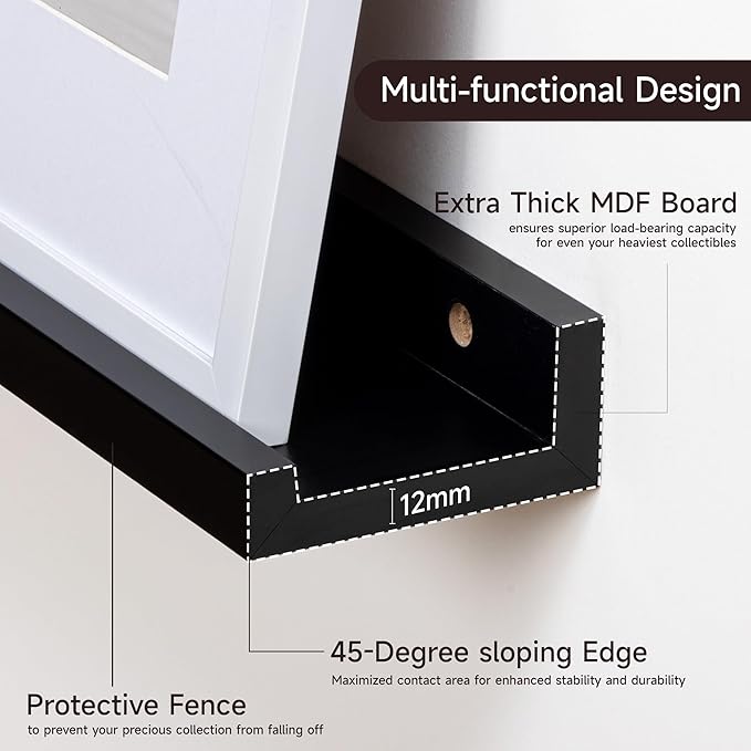 Floating Picture Ledge Shelves for Wall Set of 2, 95 Inches Picture Ledge Shelf with Long Large Nursery Book Shelf for Toys Storage Kids Bookshelf Wall Mounted Living Room Bedroom Decor Frames, Black