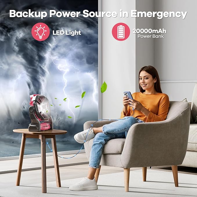 20000mAh Portable Battery Powered Camping Fan - with LED Light, Quiet Battery Operated, Camping Gear for Travel, Tent, Beach, Car or Hurricane Power Outages, Pink