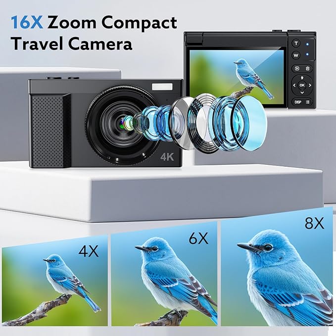 Digital Camera, 4K 64MP Cameras for Photography with 3" 180° Flip Screen,Macro and Wide-Angle Lenses,16X Vlogging Camera for YouTube with 64GB Micro SD Card for Beginner, Teens