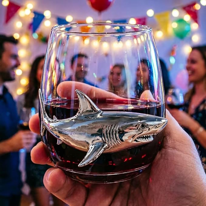 Silver Shark 3D Stemless Wine Glass, Artisanal Ocean Tumbler Cup | Handcrafted - Image 9