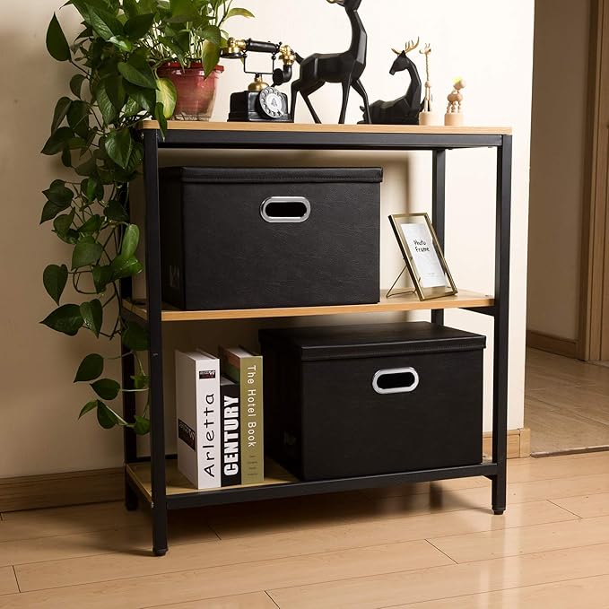 PRANDOM Large Foldable Storage Bins with Lids [3-Pack] Leather Fabric Collapsible Storage Boxes Organizer Containers Baskets Cube with Cover for Home Bedroom Closet Office Black(17.7x11.8x11.8)