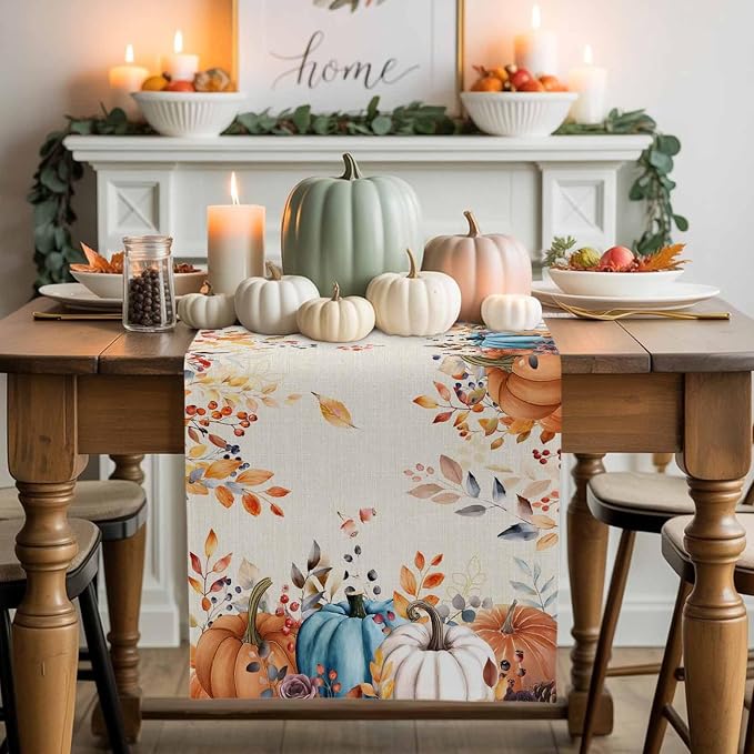 Orange Blue Pumpkin Fall Table Runner 60 Inches Long, Thanksgiving Eucalyptus - Image 2