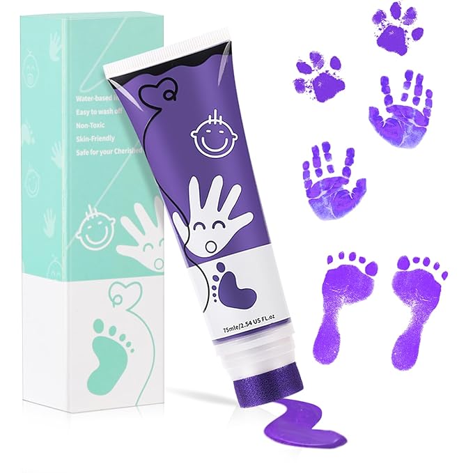 75ml Purple Baby Hand and Footprint Ink Kit, Baby Handprint Footprint Paint for Newborn Keepsake, Dog Cat Paw Print Kit, Washable, Non Toxic Acid-Free, Safe Gentle for Ideal New Mom Gifts