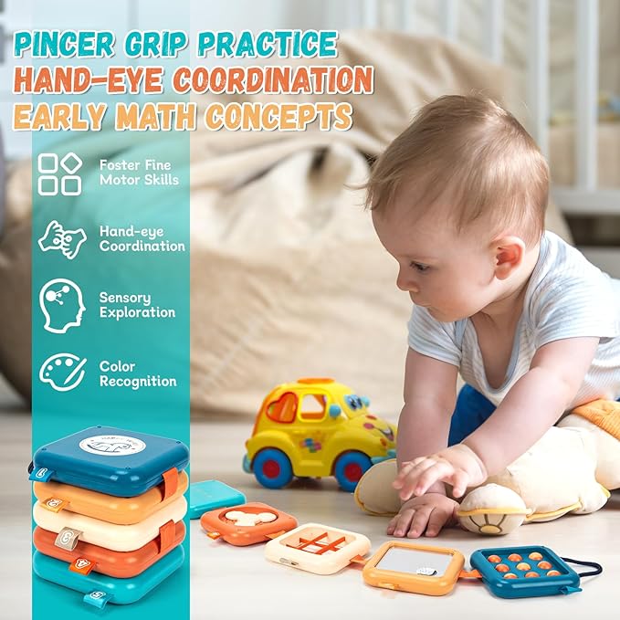 Montessori Busy Board for Toddlers 1-3 | Certified Travel Sensory Toy | Fine Motor Skills Activity Cube for Airplane, Classroom & Home Learning