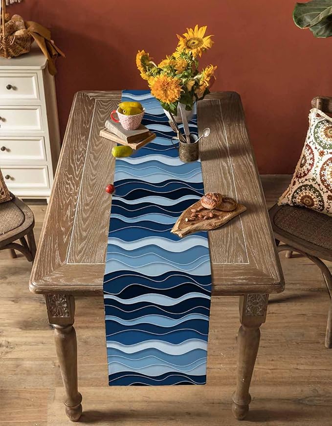 Abstract Blue Moire Table Runners 120 Inches Long, Cotton Linen Fabric Table - Image 4