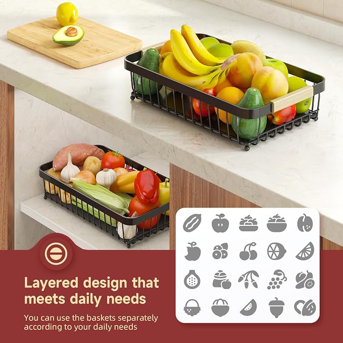 2-Tier Fruit Basket with Banana Hangers, Detachable Metal Bowl | Wooden handle - Image 4