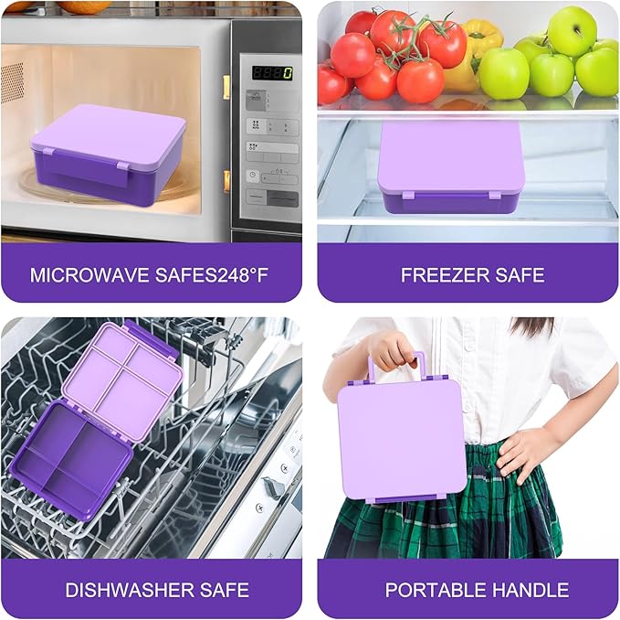 Kids Bento Lunch Box with 8oz Soup Thermo, Water Bottle, Kids Leakproof Lunch Food Containers with 4 Compartment, Insulated Hot Food Jar with Lunch Bag for School, Trvael (Purple)