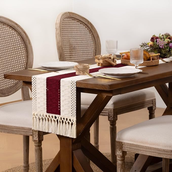 DeZerlor Ivory&Burgundy Boho Macrame Farmhouse Woven Table Runner 108Inch | - Image 3