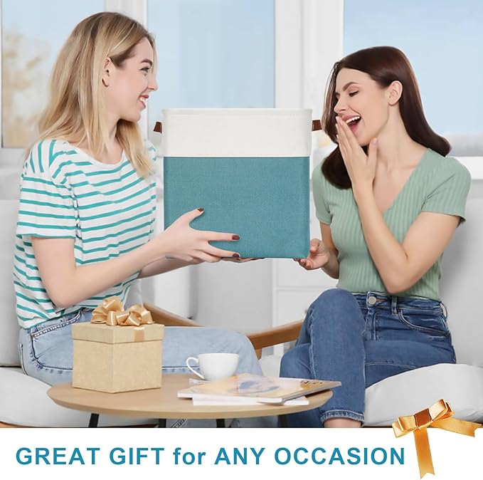 13x13 Cube Storage Bins, Collapsible Fabric Storage Box, 4 Pack Closet Baskets with Handles for Organizing, Shelf, Toys, Clothes, Home, Office, Nursery (Teal&White)