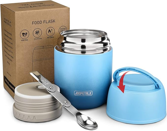 17 oz Insulated Lunch Containers, Hot Food Jar, Wide Mouth, Vacuum Stainless Steel Thermo Lunch Box with Handle and Folding Spoon, Blue