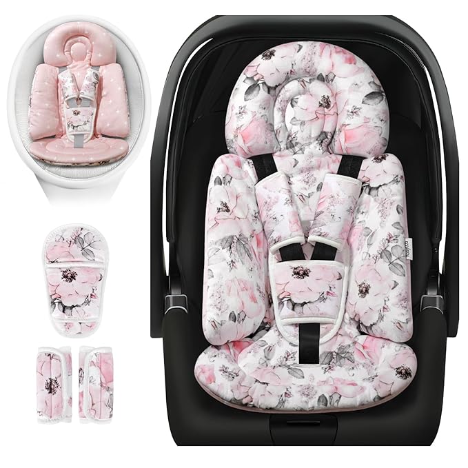 [Upgraded] Infant Car Seat Insert & Newborn Head Support, 3 Strap Covers + Reversible 2-in-1 Design – All Seasons Baby Car Seat Cushion for Stroller, Swing, Rocker, Bassinets