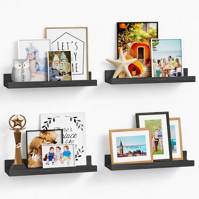 Forbena Black Floating Shelves for Wall with Lip Set of 4, Small Picture Ledge Shelf for Living Room Bedroom Books, Wood Wall Mounted Shelves for Bathroom Decor Entryway Kitchen Storage (Black)