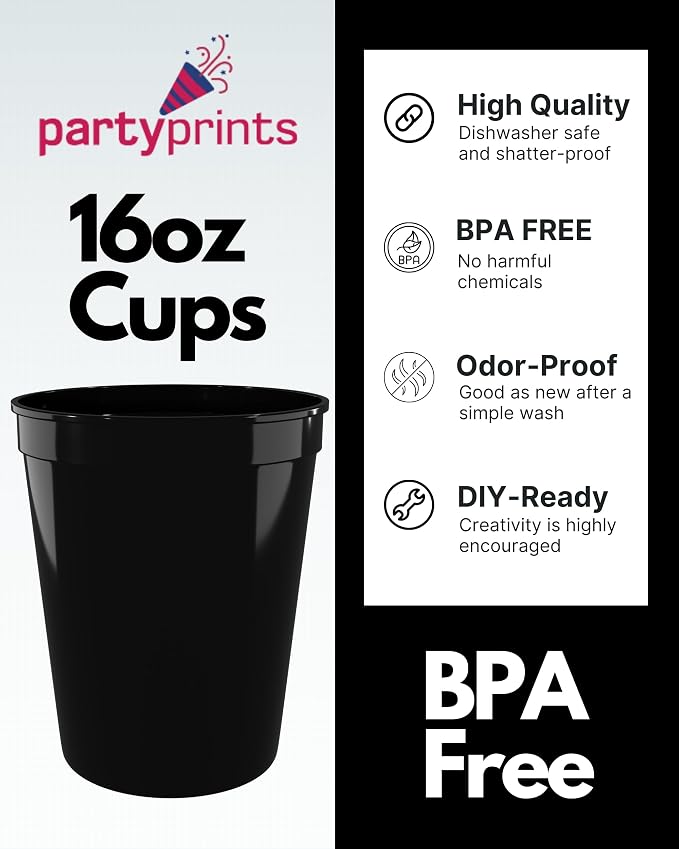 PartyPrints 100 Pack 16 oz Black Reusable Blank Plastic Cups, Stadium Cups Bulk - Image 2