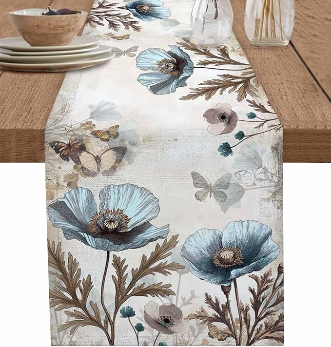 Vintage Tulip Flowers Table Runners 120 Inches Long, Cotton Linen Fabric Table by Edwiinsa