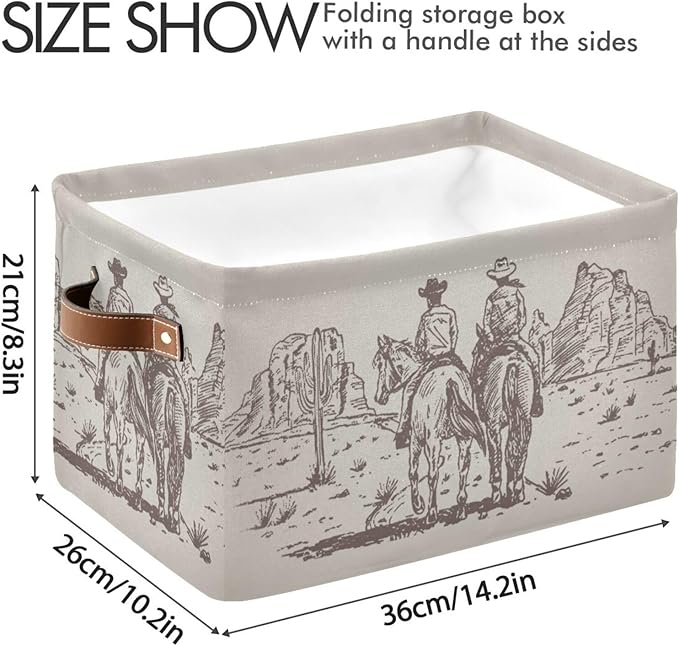 Western Desert Cowboy Storage Basket Cube Storage Bins Organizer Bag Collapsible Closet Shelf Baskets with handle for Baby Cloth Pet Toy Book 14.2×10.2×8.3 IN