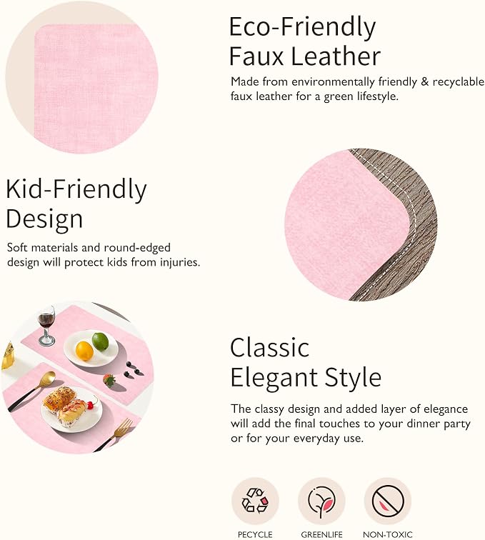 Maxpearl Faux Leather Placemats Set of 6, Light Pink | Waterproof - Image 9