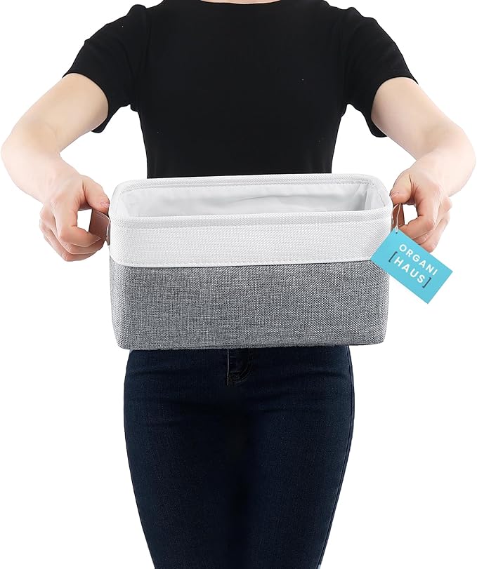 OrganiHaus Small Fabric Storage Bins for Shelves 6 Pack, 12x8in Closet Storage Bins for Shelves, Cloth Baskets for Organizing, Linen Closet Organizers, Fabric Basket, Gray/White