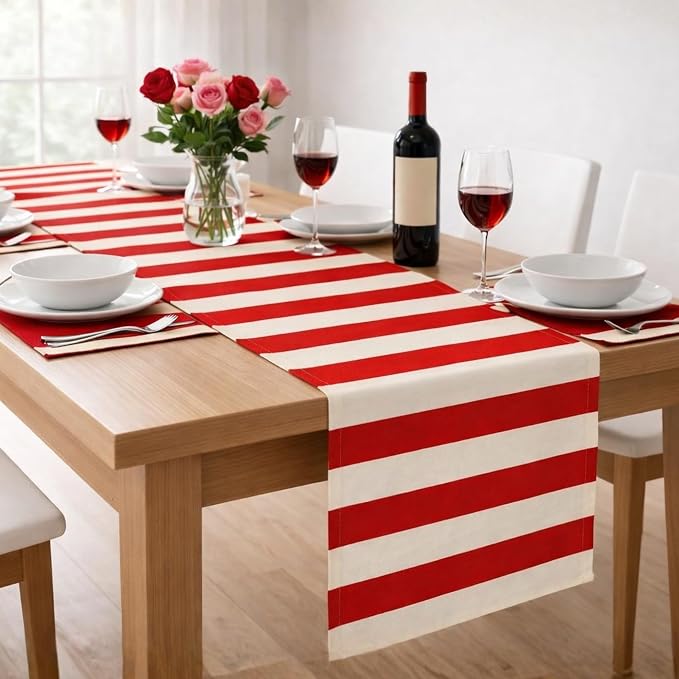 Folkulture Fall Table Runner 90 Inches Long| Red & White Horizontal Striped | by FOLKULTURE