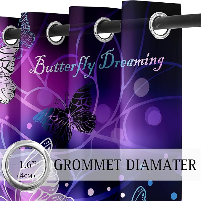 Butterfly Window Curtain Panels Purple Blackout Girls Curtains for Bedroom 2 Panels Curtains 84 inch Length for Girls Bedroom Nursery Room Grommet Top Thermal Insulated Curtains, 82" x 84"