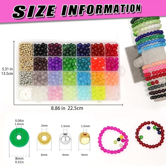 JULIMAIDONG 8mm Glass Beads for Bracelets 1000pcs, 24 Colors Round Crystal Glass Bracelet Beads Making Kit for Jewelry Making Kits Bead DIY Crafts with Spacer Charms Accessories (8MM, 24 Color)