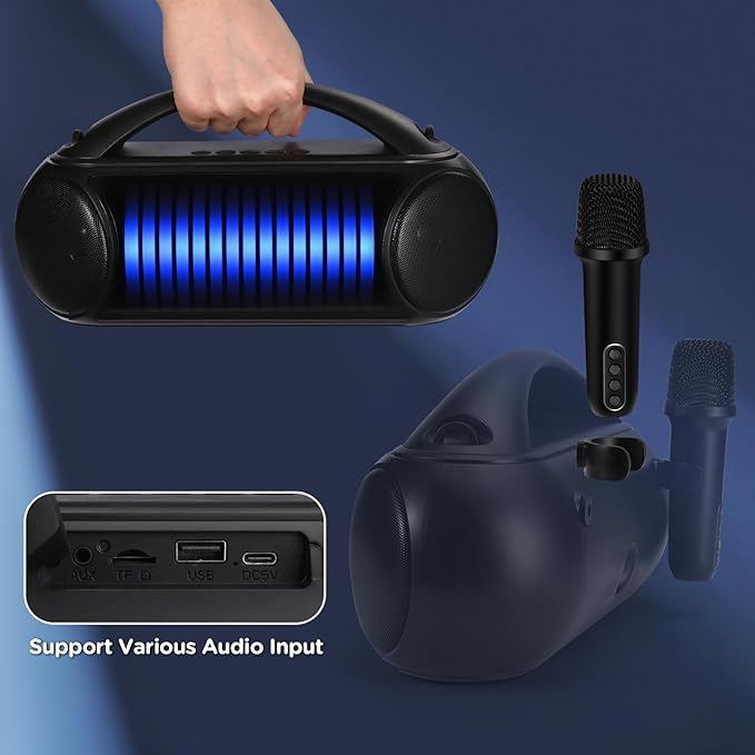 Karaoke Machine Portable Bluetooth Speaker with 2 Wireless Microphones Rechargeable Karaoke Machine for Kid and Adult Party PA Speaker Multiple LED Light Mode Support TWS/Radio/AUX/REC