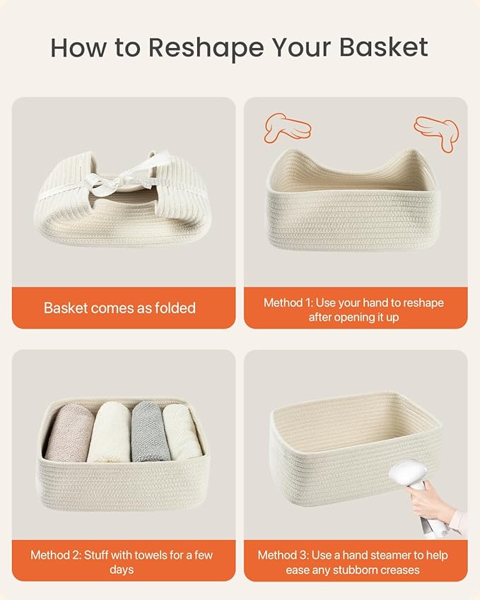 KALLAX Small Woven Basket, 12 x 8 x 4.5 Inches, Storage Basket for Organizing, Cute Small Rope Shelf Closet Cube Storage Bins Baskets for Shelves, Dog Toy Gift Baskets Empty, 3 Packs, Off White