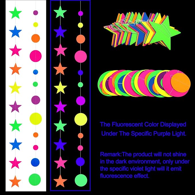 108feet UV Round Dot Star Kit Neon Paper Garland Glow in The Dark Party Favors Streamers Banner for Black Party Supplies UV Reactive Circle Dot Star Garland Wedding Birthday Glow Party Supplies…