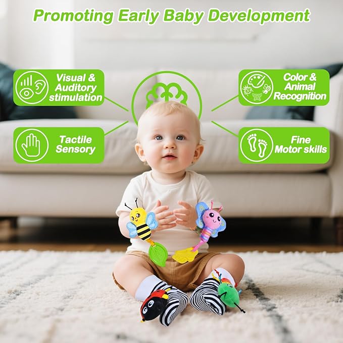 Baby Toys 0-6 Months,Soft Rattle Socks and Wristband Set,Hand and Foot Sensory Development Toys for Babies 0-12 Months with Infant Teething Toys,Shower Gifts for Newborn Boy and Girl