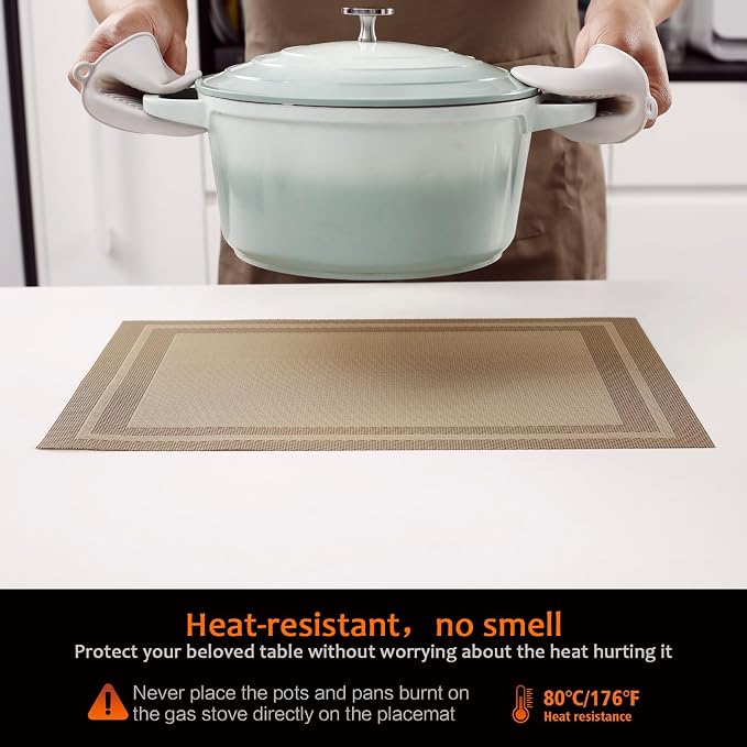 Khaki Vinyl Placemats Set of 6, Heat Resistant Table Placemats | 18x12 inch - Image 4