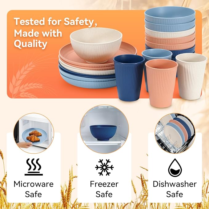 Wheat Straw Dinnerware Sets, 64-Piece Plates and Bowls Sets - Image 4