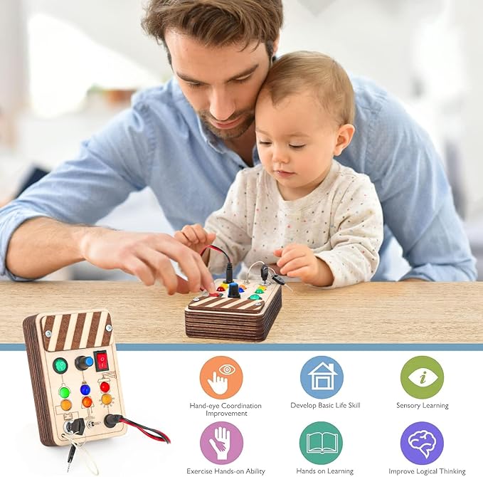 Joyreal Wooden Montessori Busy Board, Toddler Sensory Toys, LED Light Switch, Travel Toys for 2+ Year Old Boy
