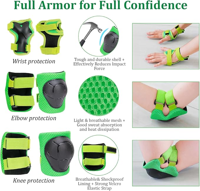KAMUGO Kids Adjustable Helmet, with Sports Protective Gear Set Knee Elbow Wrist Pads for Toddler Age 2-8 Boys Girls, Bike Skateboard Hoverboard Scooter Rollerblading Helmet Set