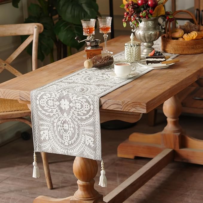 Table Runner Embroidered Lace Dresser Runner, 4 Tassel Pendants, Layered Accent - Image 3