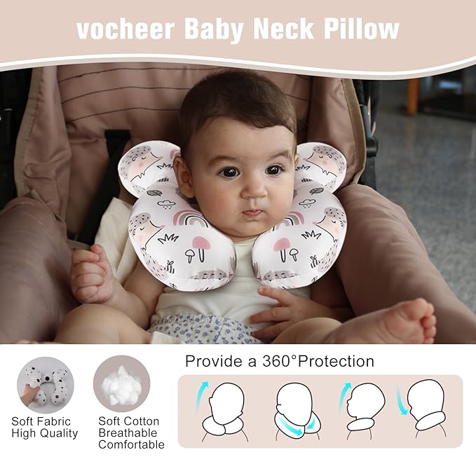 vocheer Baby Travel Pillow(Upgraded), Head and Neck Support Pillow for Pushchair, Car Seat,Stroller, Bouncer, Cotton, Hedgehog