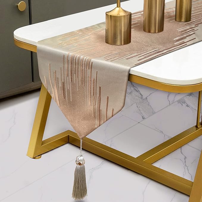 Luxury Champagne Table Runner 120 Inches Long, Modern Abstract Striped | Thick by Fullony