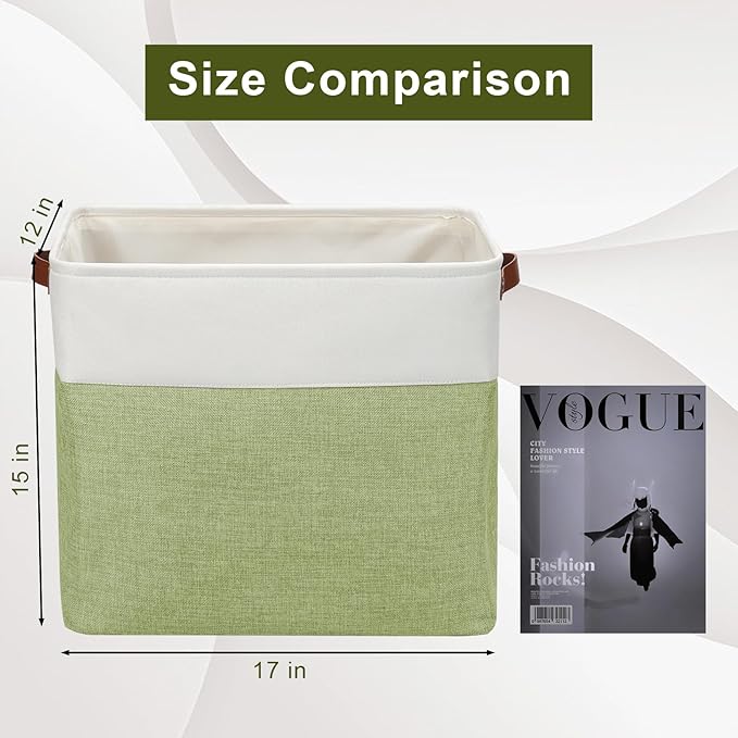 Large Fabric Storage Baskets | 50L Storage Bins, Decorative Linen Closet Baskets with Handles for Organizing, Shelf, Toys, Clothes, Home, Office, Nursery, 17x12x15Inches (Green&White)