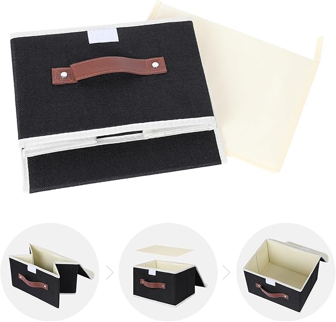 ANMINY 2PCS Storage Bins with Lid PU Leather Handles Storage Boxes PP Plastic Board Decorative Foldable Lidded Cotton Linen Fabric Home Cubes Baskets Closet Organizer Containers - Black, Large Size