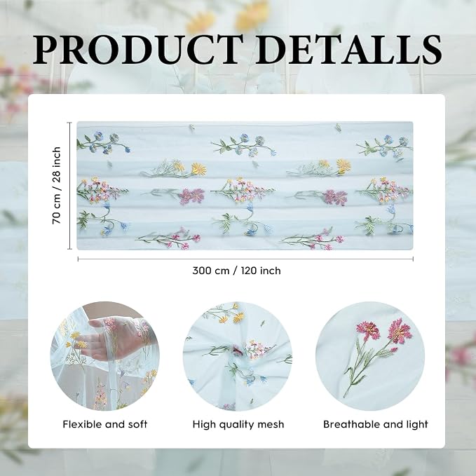 Artoid Mode Wildflower Floral Sky Blue Gauze Embroidery Table Runner 120 Inch - Image 6