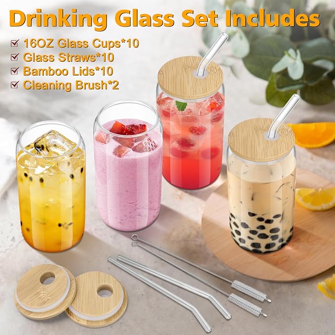 sungwoo 10PCS Glass Cups with Bamboo Lids and Straws, 16OZ Ice Coffee Cup - Image 2