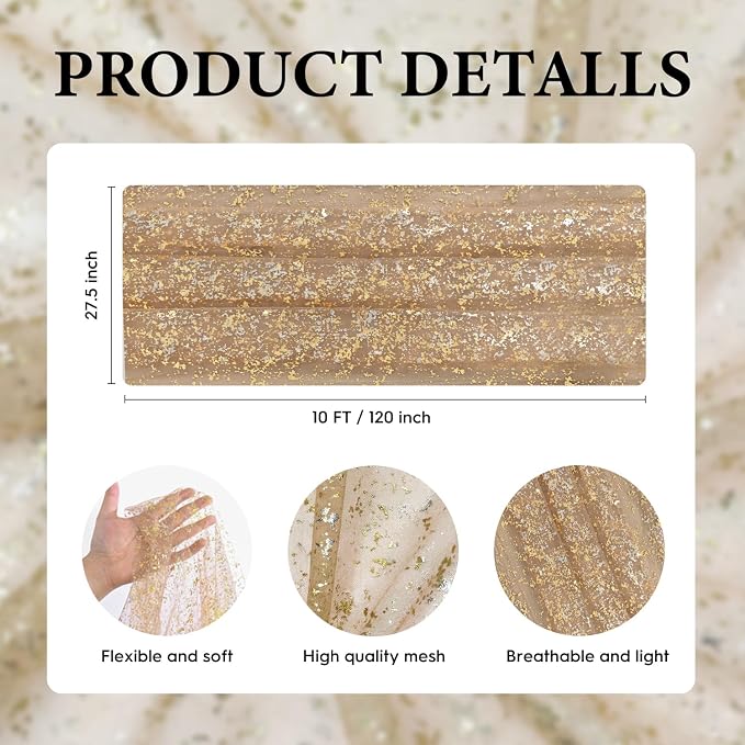 Artoid Mode Coffee Gold Gauze Table Runner 120 Inch 10FT, Glitter Metallic Foil - Image 7