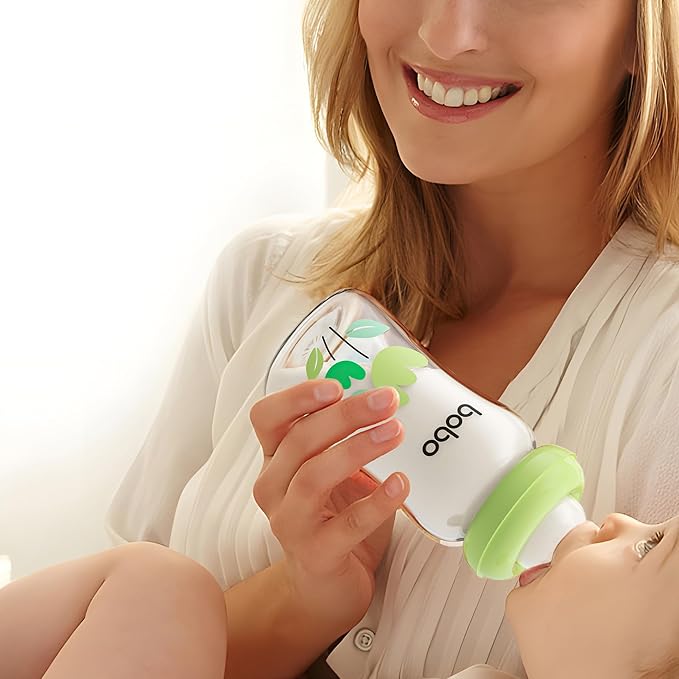 YOHKOH Natural Glass Baby Bottle with Natural Response Nipple, Newborn Anti-Colic Baby Bottles, Wide Neck Mushroom Cap Baby Bottle, Clear (Green, (5.4oz (Pack of 4))