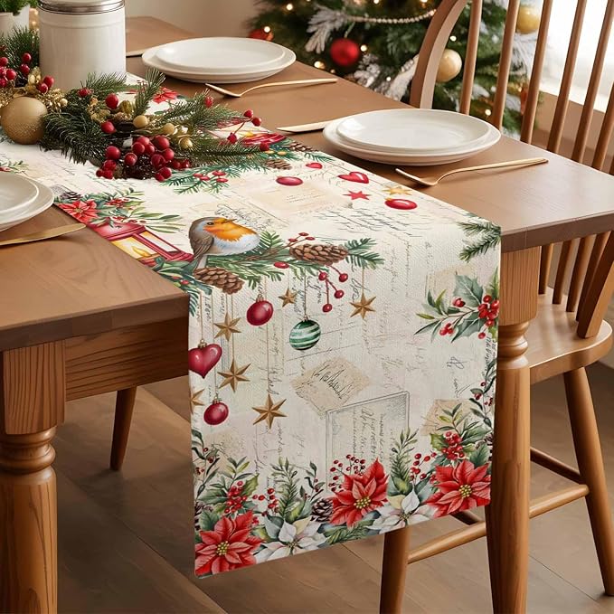 Christmas Poinsettia Table Runner 120 Inches Long, Winter Xmas Balls Birds - Image 3