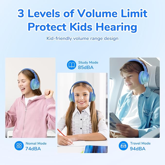 EarFun K4 Kids Bluetooth Headphones, Wireless Headphones with LED Lights, 74/85/94dBA Volume Limited, Built-in Mic, 90H Playtime, Bluetooth 5.4 Over Ear Headphone for iPad/Tablet/PC/School (Green)