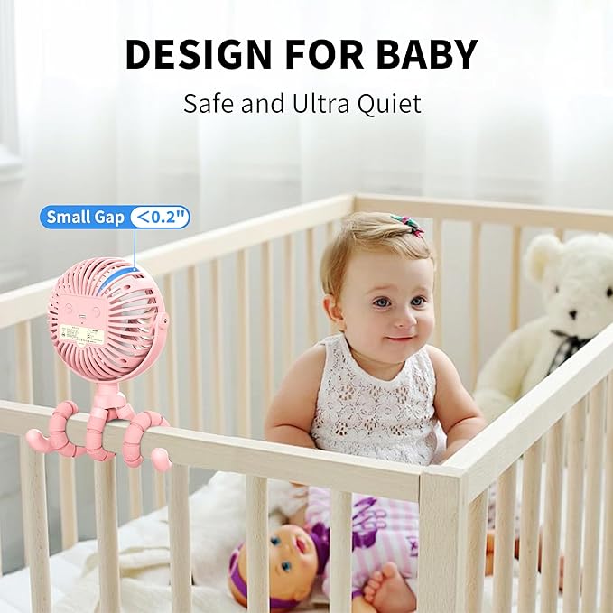 AMACOOL Battery Operated Stroller Fan Flexible Tripod Clip On Fan with 3 Speeds and Rotatable Handheld Personal Fans for Car Seat Crib Bike Treadmill (Pink)